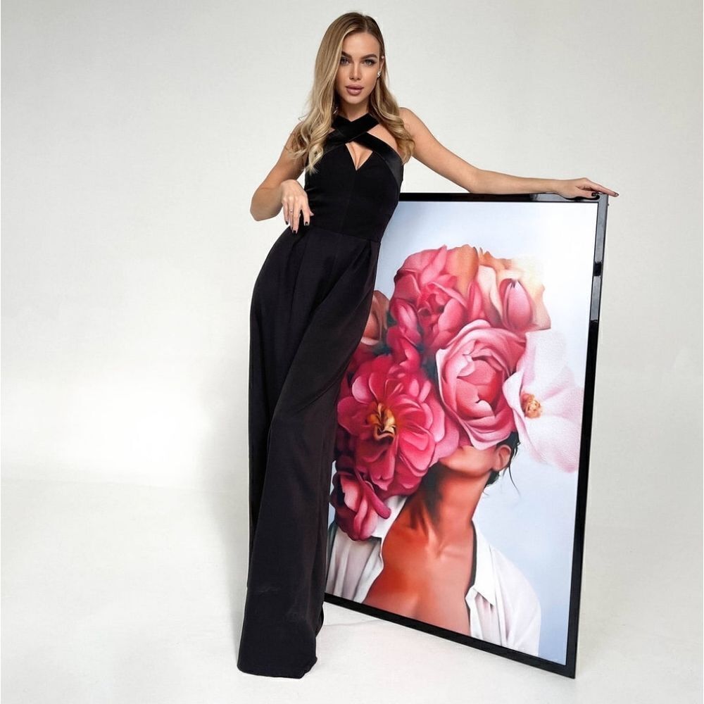 Nwt Elagia Formal Black Cross Neck Satin Sleeveless Wide Leg Jumpsuit Romper L — image 2 of 8